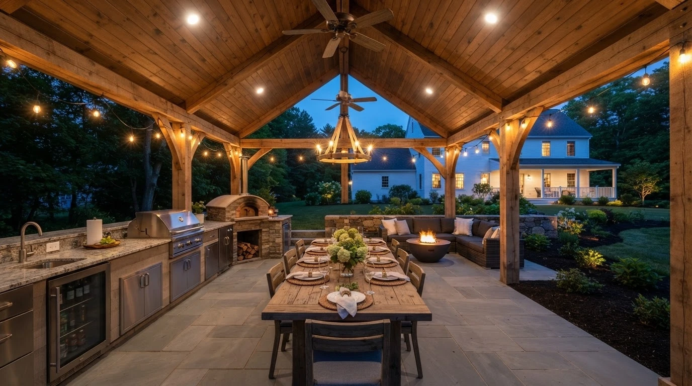 Massachusetts pavilion interior with reclaimed farm table, pizza oven and Edison lights at dusk