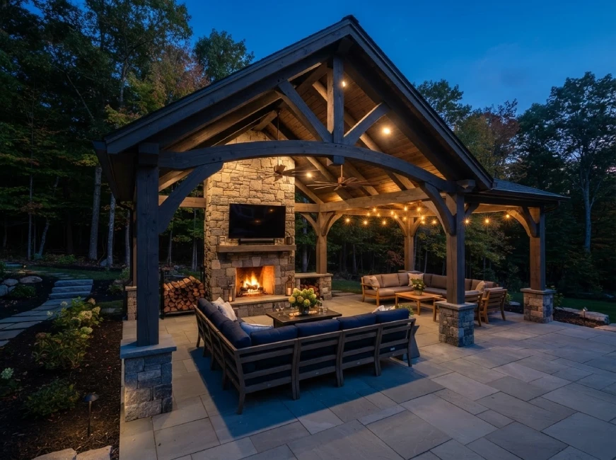 Massachusetts pavilion with stacked-stone fireplace and mounted TV at dusk