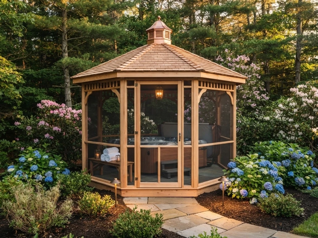 Octagonal cedar gazebo enclosing hot tub, surrounded by blue hydrangeas in Massachusetts