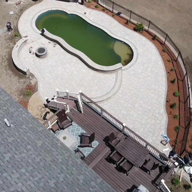 Outdoor sitting area build, Wilmington MA backyard, deck framing over pool
