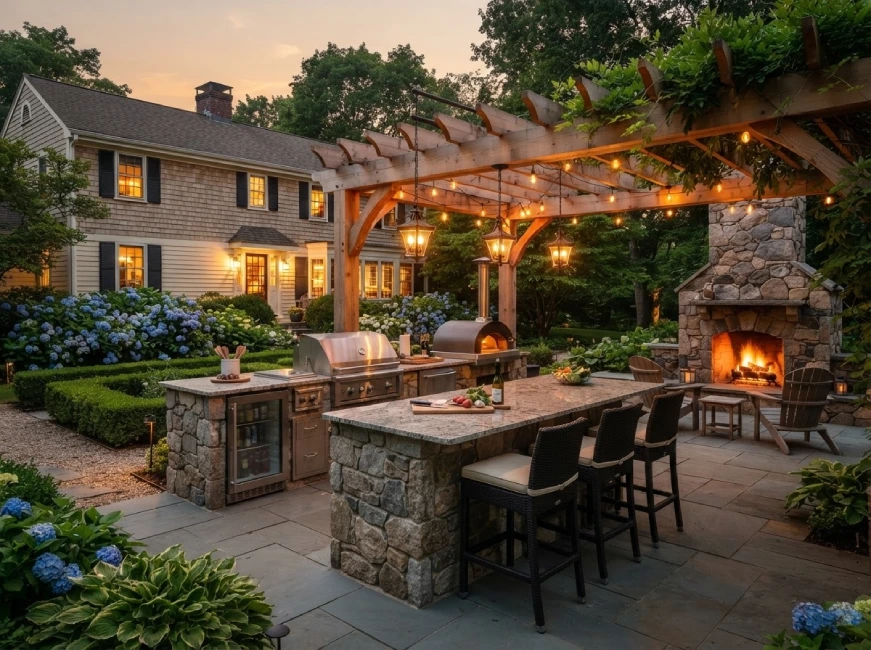 Pergola kitchen hydrangea border, Concord MA