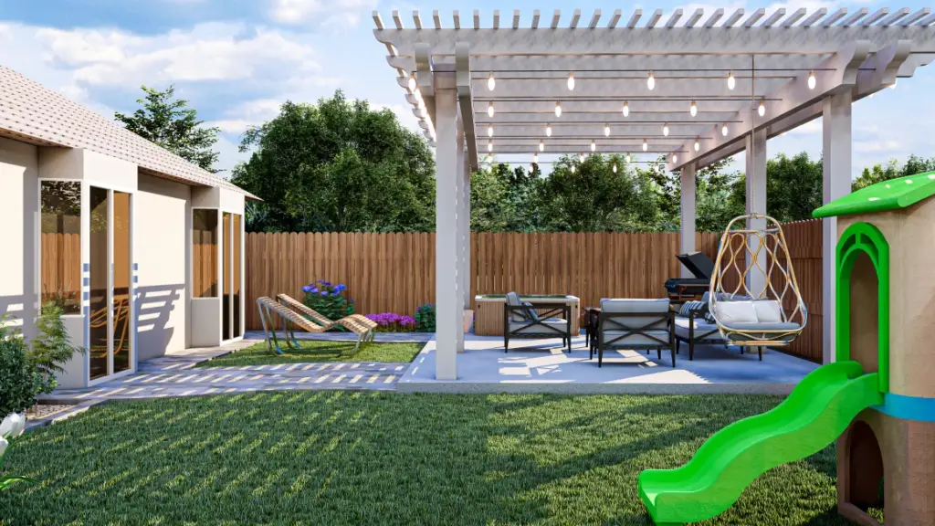 Pergola lounge seating beside small plastic slide play area, Braintree MA