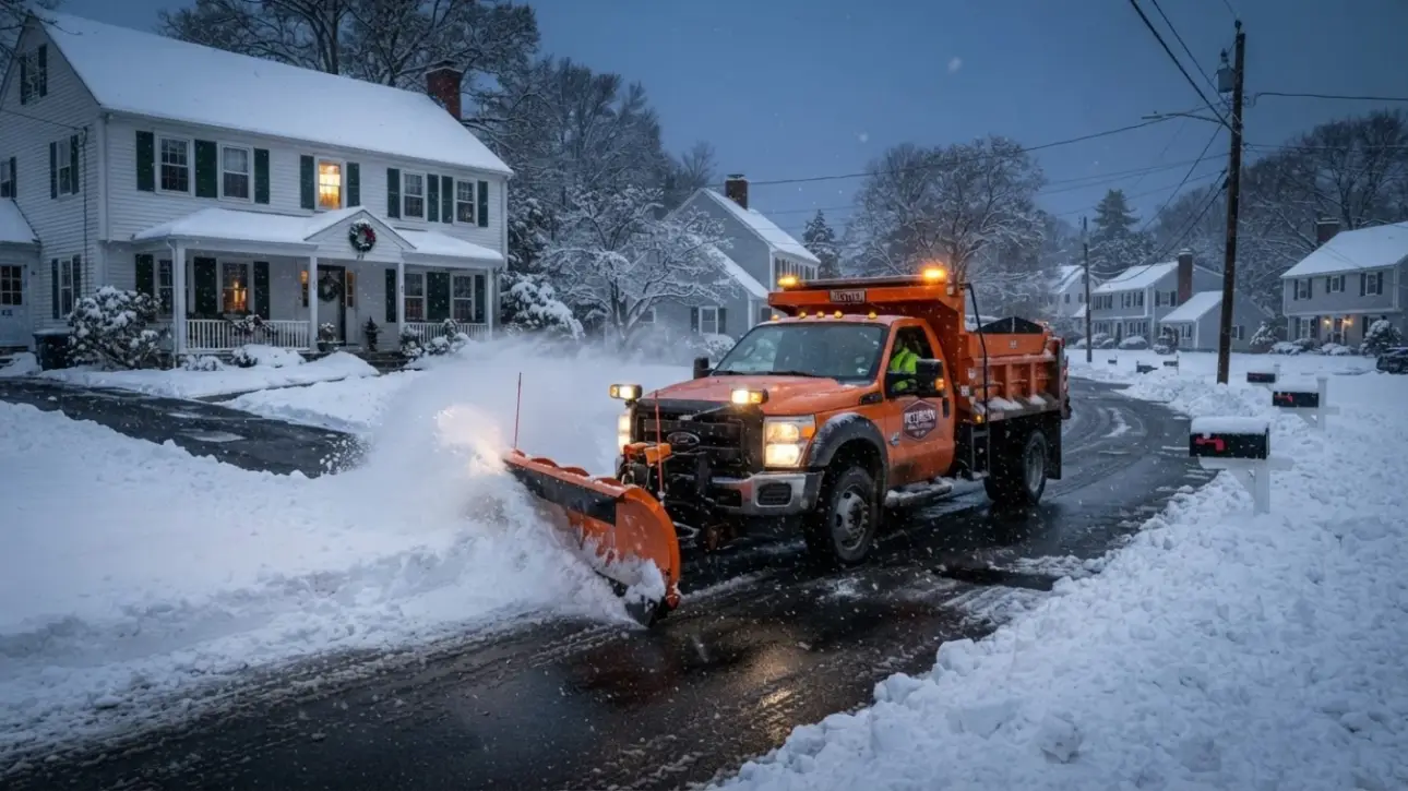 Plow truck clearing MA driveway after winter storm Boston MA