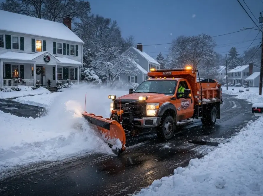Plow truck clearing MA driveway after winter storm Boston MA