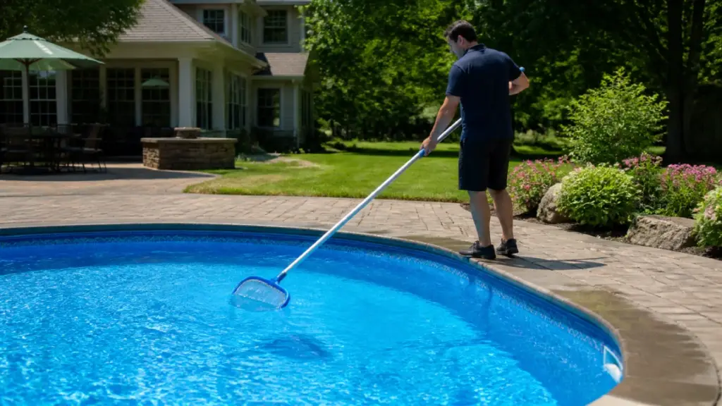 Pool cleaning with skimmer net at Massachusetts suburban inground pool