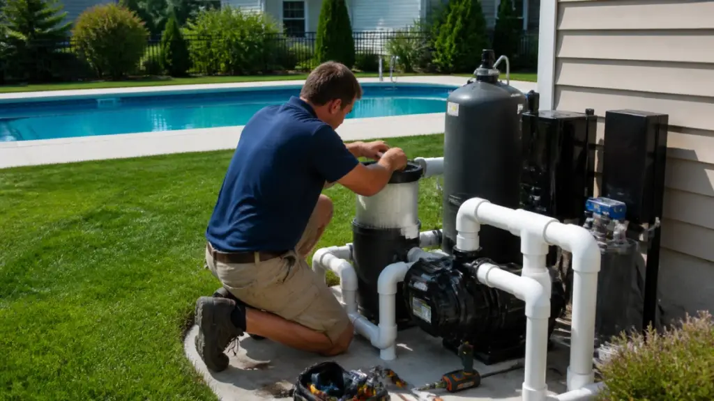 Pool technician servicing pump and filter for Massachusetts pool opening