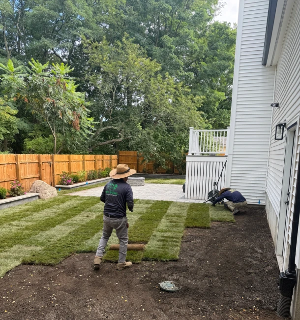The Pros Inc. Landscaping crew installing green sod rolls