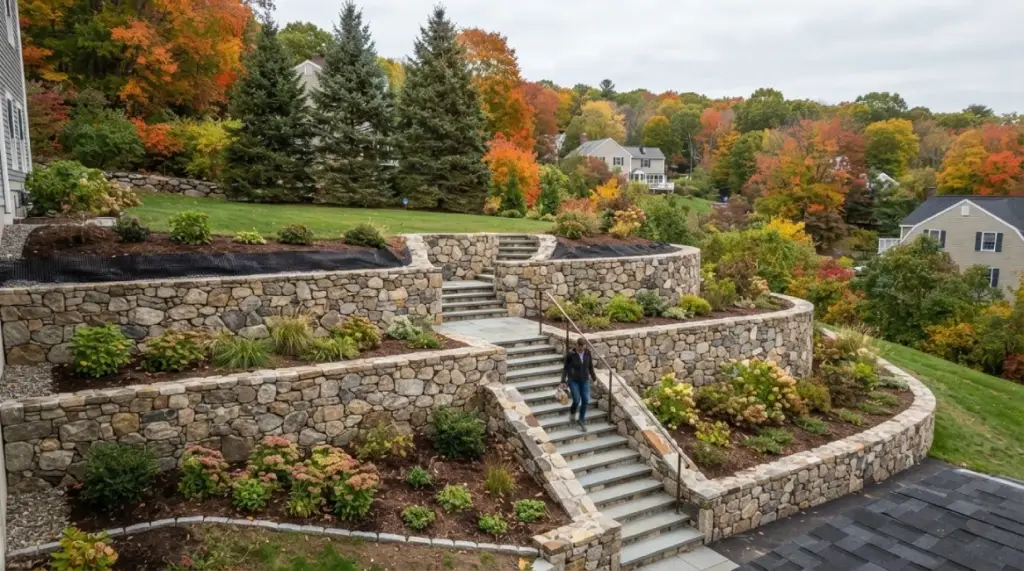 Three-tier stone retaining wall with steps, MA