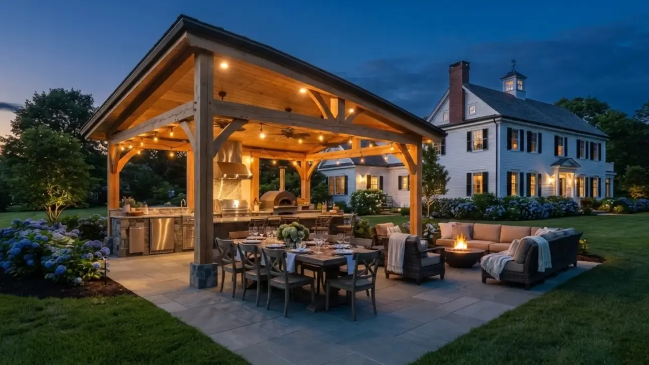 Timber-frame Massachusetts pavilion with outdoor kitchen, dining table and lounge at twilight