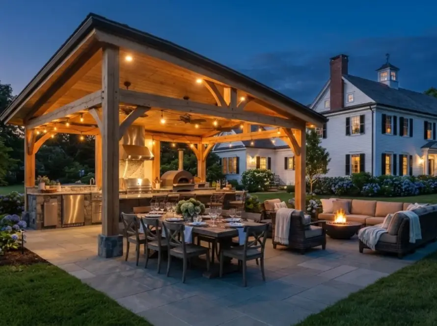 Timber-frame Massachusetts pavilion with outdoor kitchen, dining table and lounge at twilight