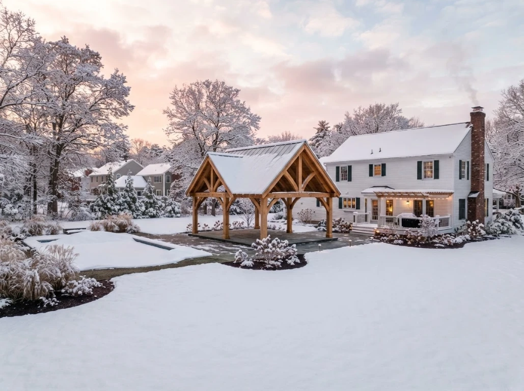 Timber-frame pergola dusted with fresh snow, Massachusetts colonial home backyard