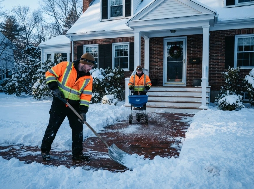 Two workers shoveling walkway and salting steps at Massachusetts brick colonial