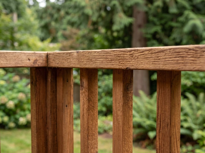 Wood railing closeup natural cedar grain pressure treated