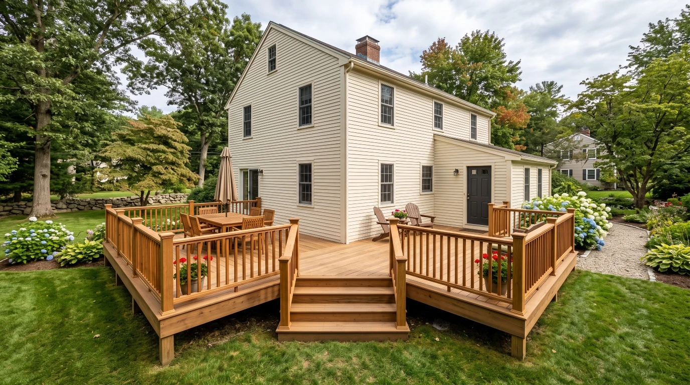 Wood railing deck project Massachusetts colonial home complete installation