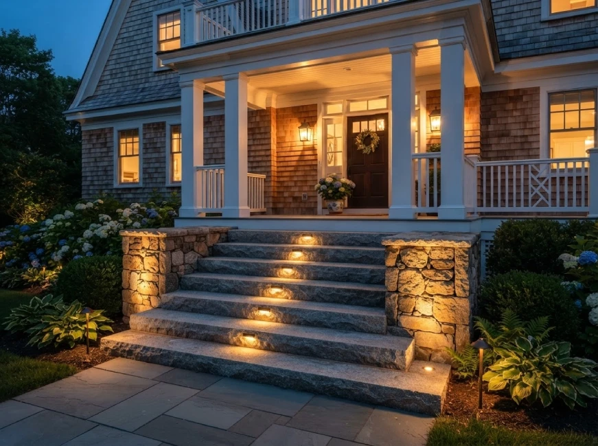 granite step lights, entry LEDs, MA porch