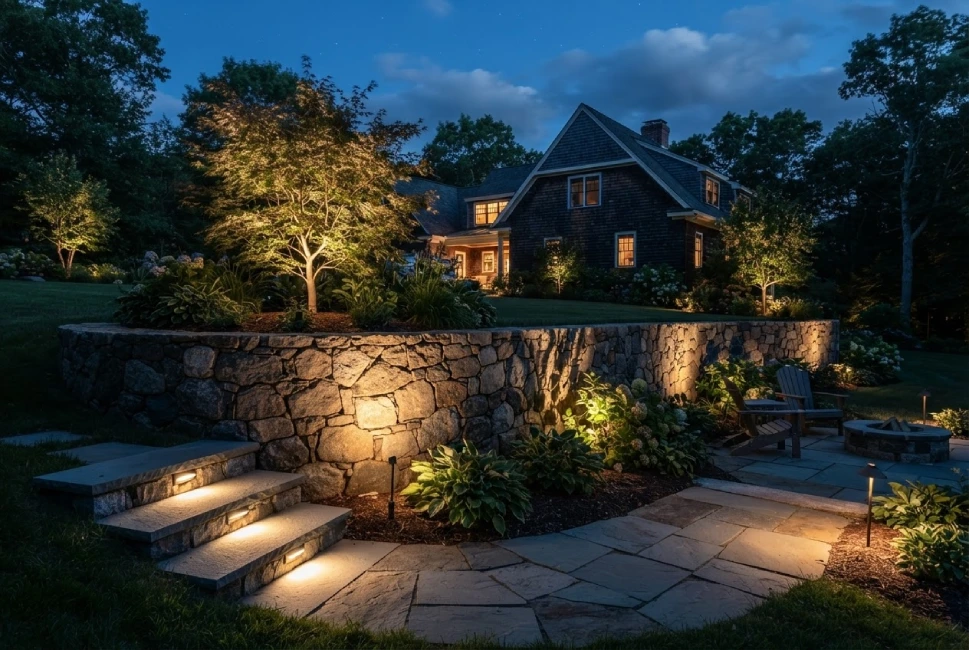 stone wall lights, Cape Cod, MA shingle home