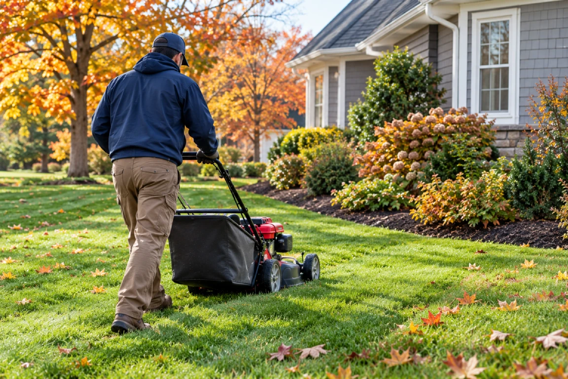 Autumn Lawn Mowing in a Suburban Yard