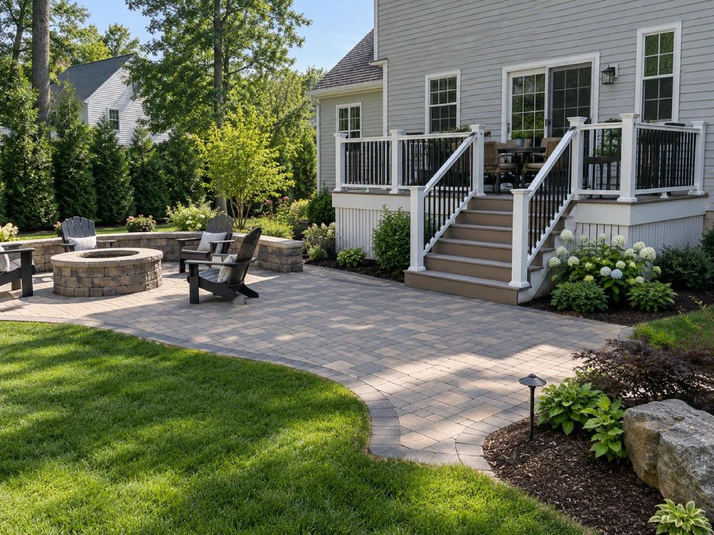 Backyard deck and patio with fire pit in Massachusetts