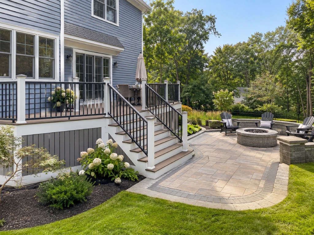 Composite deck and patio design in Massachusetts