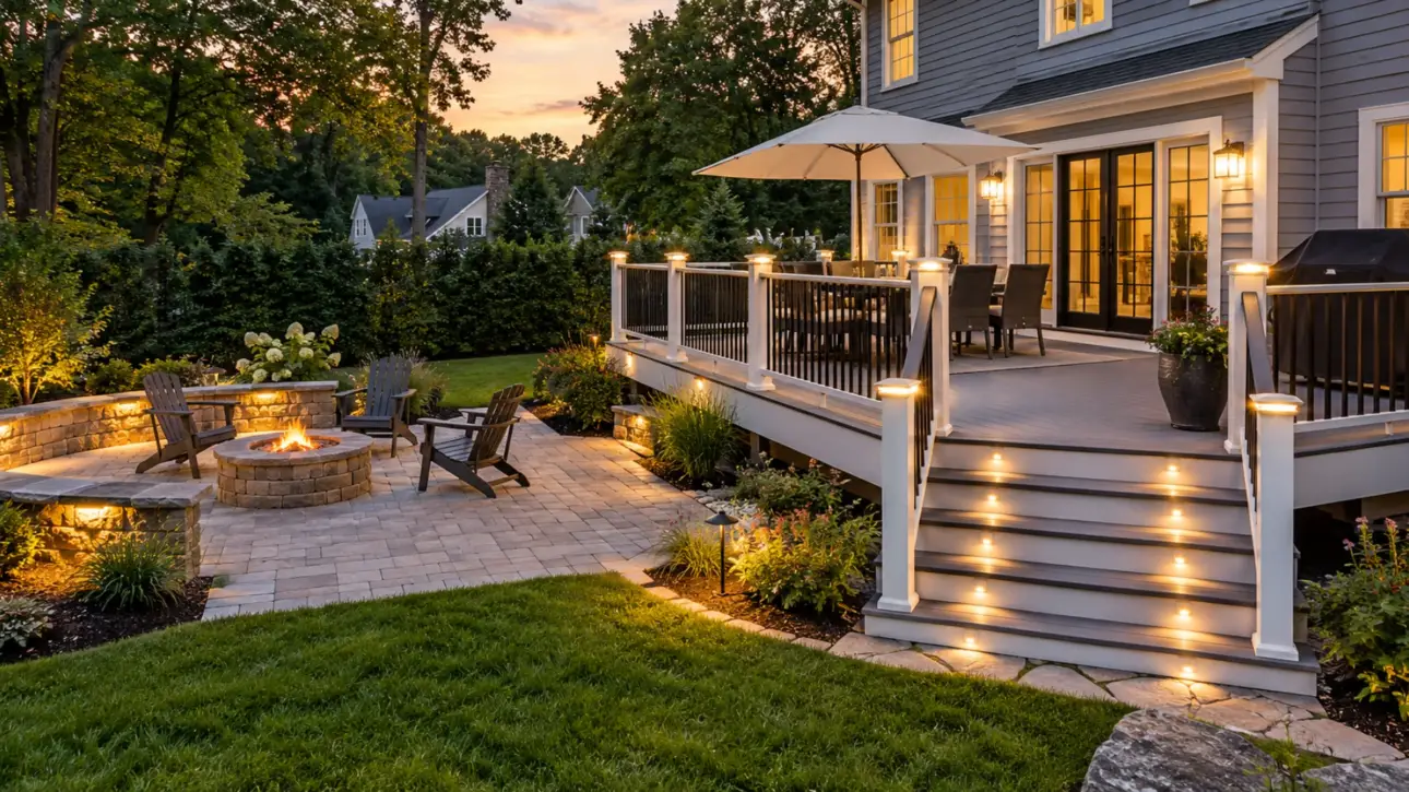 Deck and patio combo backyard in Massachusetts