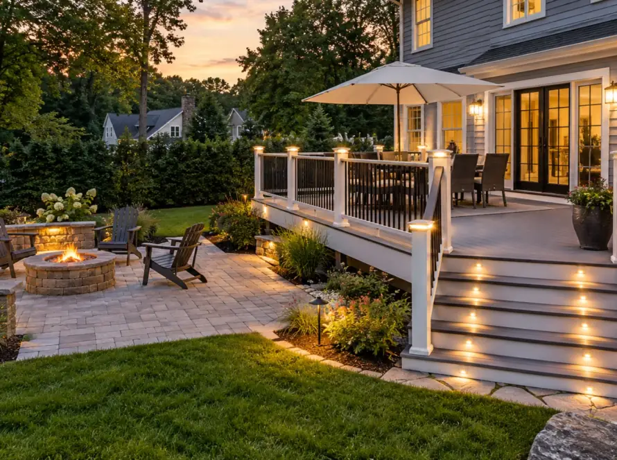 Deck and patio combo backyard in Massachusetts