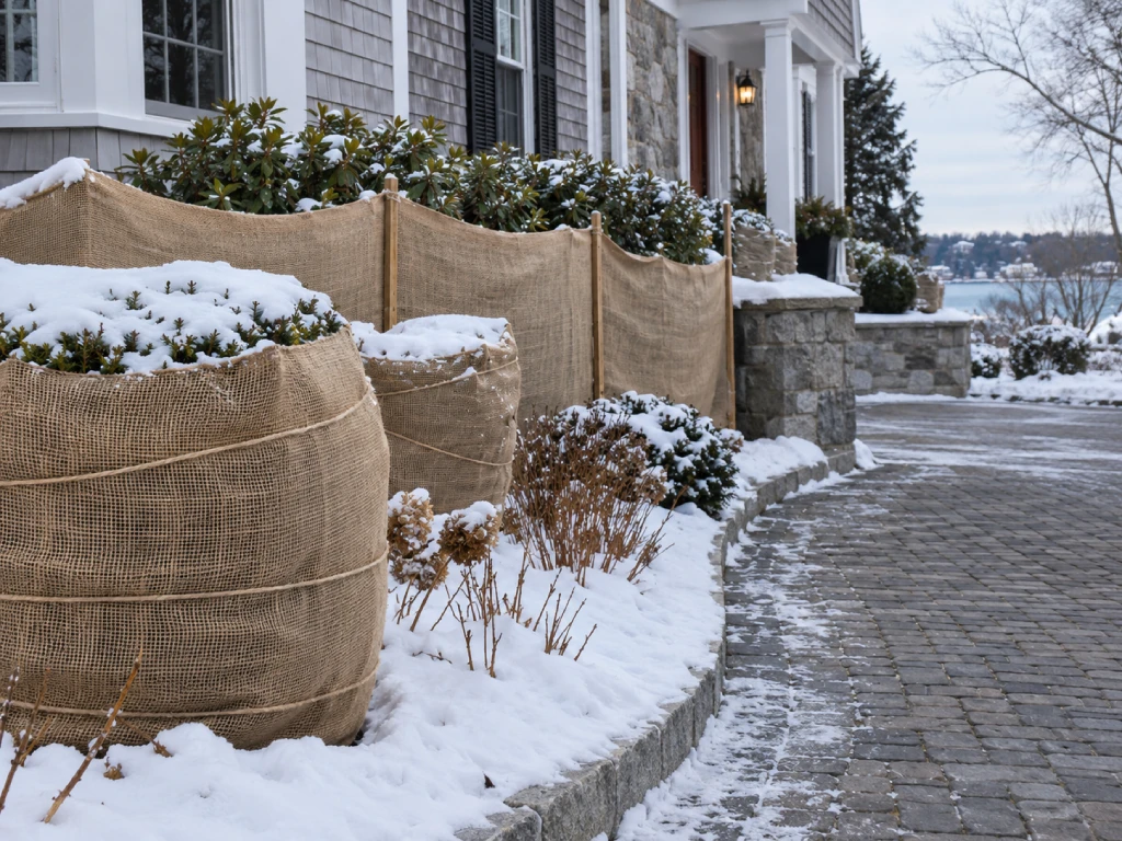 Winter plant protection near walkway Massachusetts
