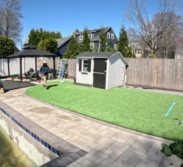 Bluestone patio fire pit Melrose MA backyard hardscape