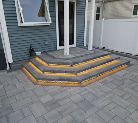 Bluestone steps LED lighting dusk, Natick MA three season entry