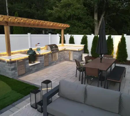 Cedar pergola sitting area with grilling station, Reading MA patio