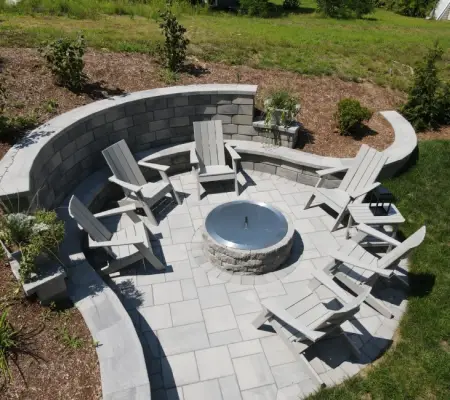 Curved stone bench fire pit, Lincoln MA patio