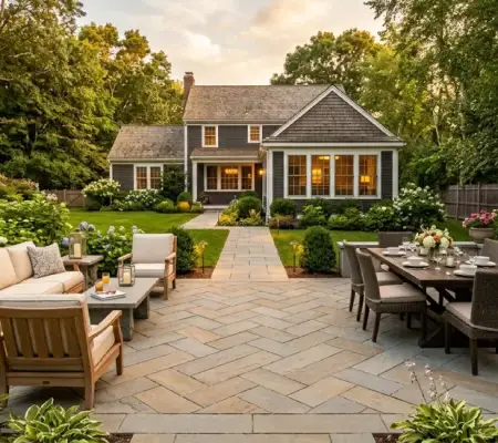 Custom paver patio design in Lynnfield MA backyard