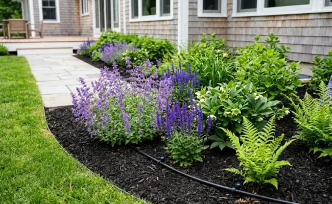 Deer resistant plants Massachusetts - Middleton salvia and fern foundation planting