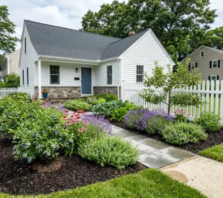 Edible landscaping in Boxford, Massachusetts - blueberries and herbs