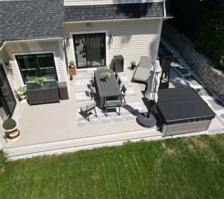 Elevated deck outdoor dining sitting area, Natick MA with hot tub