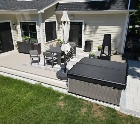 Elevated deck with hot tub, Newton MA backyard