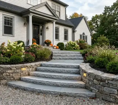 Entry pathway with steps and structured landscaping with lighting Lynnfield MA