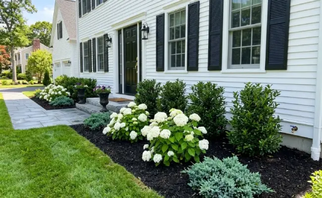 Foundation planting in Hamilton, Massachusetts - hydrangeas and boxwood