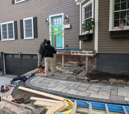 Front porch construction autumn, Lexington MA colonial home