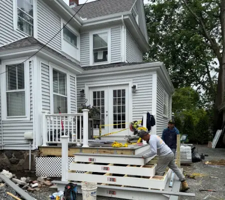 Front porch deck build composite white rail, Peabody MA colonial