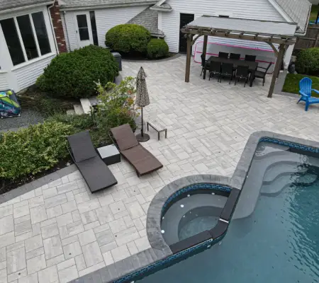 Landscape gardener Massachusetts - Wenham backyard pool and pergola