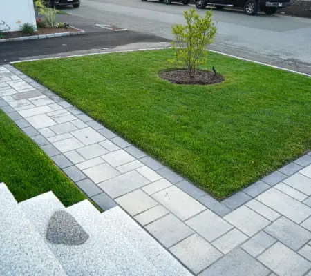 Massachusetts sod lawn installation front yard paver design granite steps