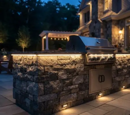 Outdoor kitchen LED strip lighting granite