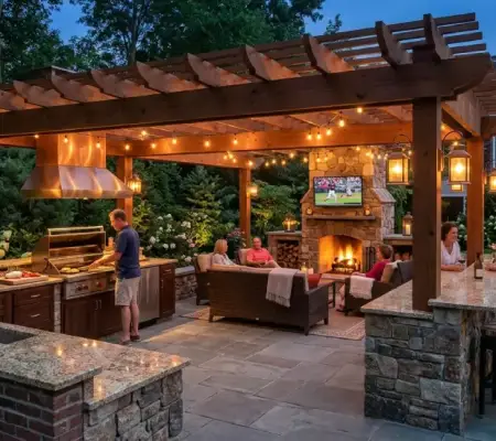 Outdoor kitchen and patio setup for backyard entertaining Lynnfield MA