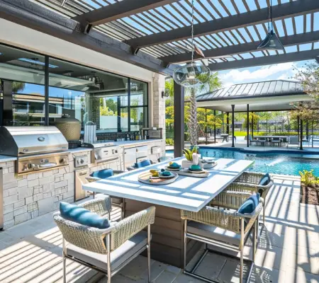 Outdoor kitchen pergola, Cape Cod MA coastal backyard