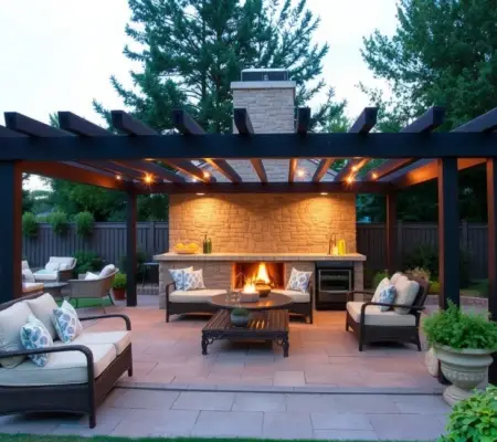 Outdoor sitting area wicker chairs stone fireplace, Newton MA pergola