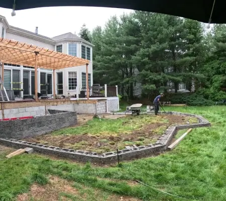 Pergola construction, Andover MA colonial backyard