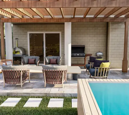 Pergola outdoor sitting area with fireplace by pool, Brookline MA