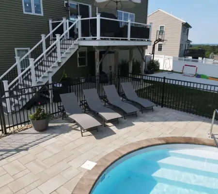 Pool deck chaise lounge sitting area, Braintree MA backyard