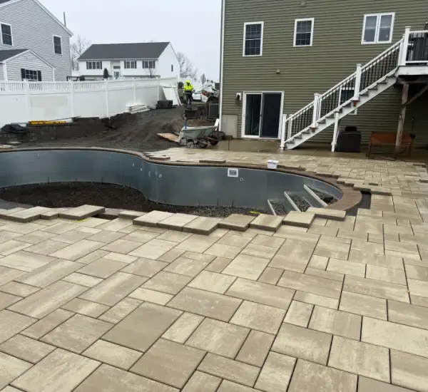 Poolside Permeable paver patio terraced design Melrose MA