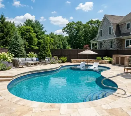 Poolside patio and coping design in Lynnfield MA
